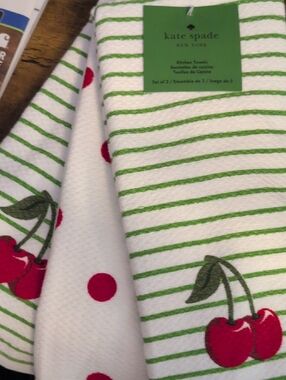 KATE SPADE 3 White, Green, Red Cherry Stripe Kitchen Towels
